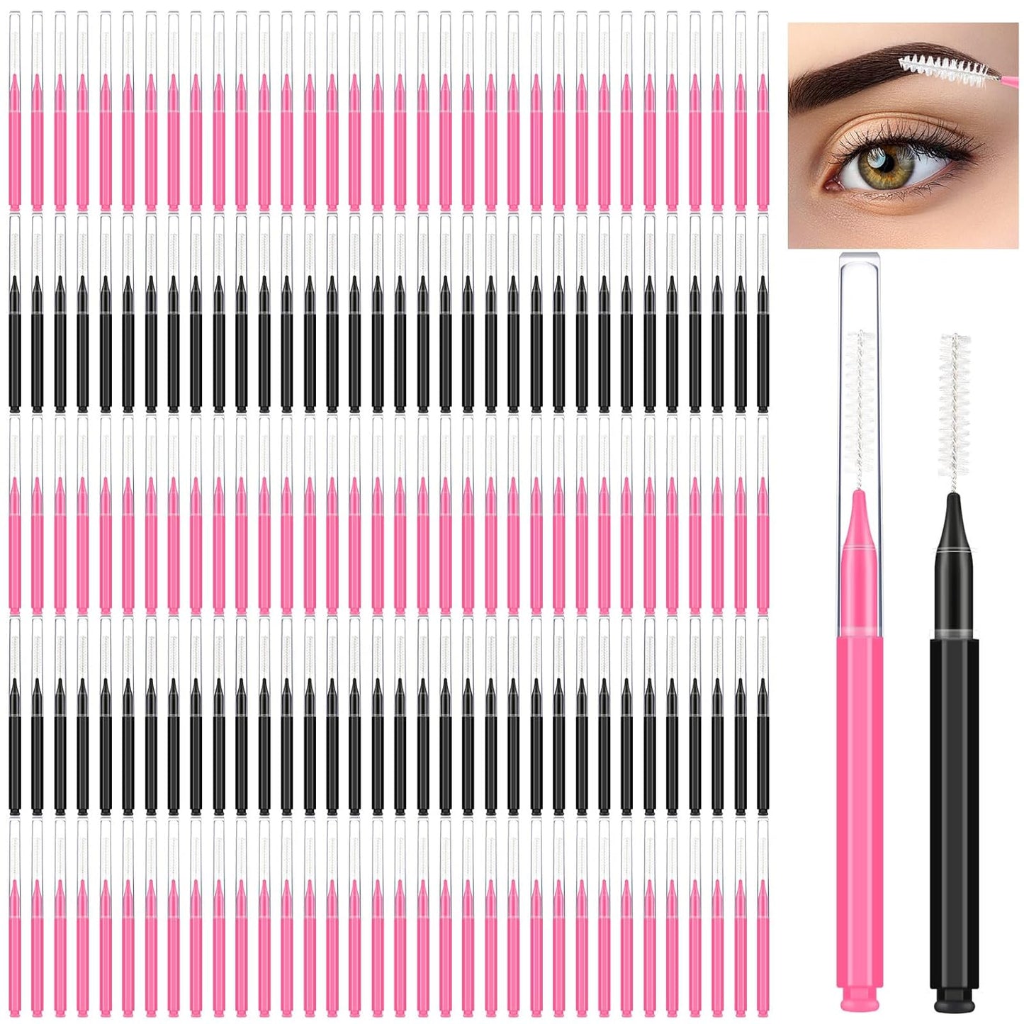 150 Pieces Micro Eyebrow Brush with Cap Brow Lamination Brush Eyebrow Spoolie Brush Comb Eyebrow Lash Lift Tools Lash Filler Eyelashes Extensions Eyebrows (Black, Pink)