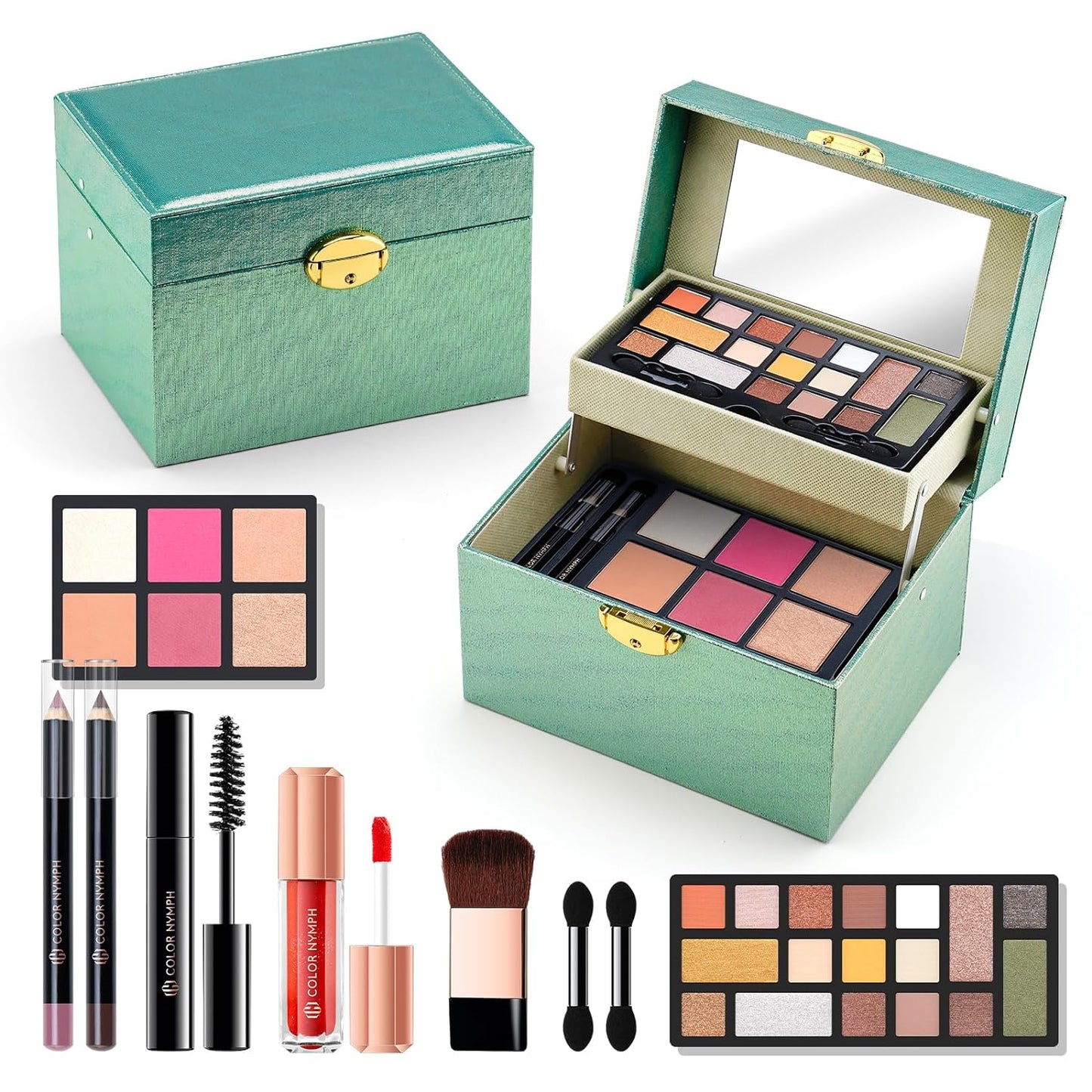 Color Nymph Makeup Kit For Teens Girls With Recyclable And Key-Lockable Cabinet Included 17-Colors Eyeshadows Blushes Bronzer Highlighter Lipstick Brushes Mirror(Green)