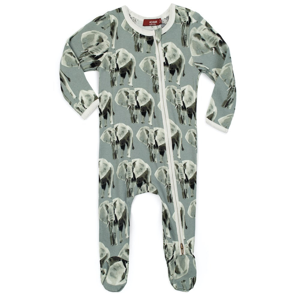 Zipper Footed Romper - Grey Elephant