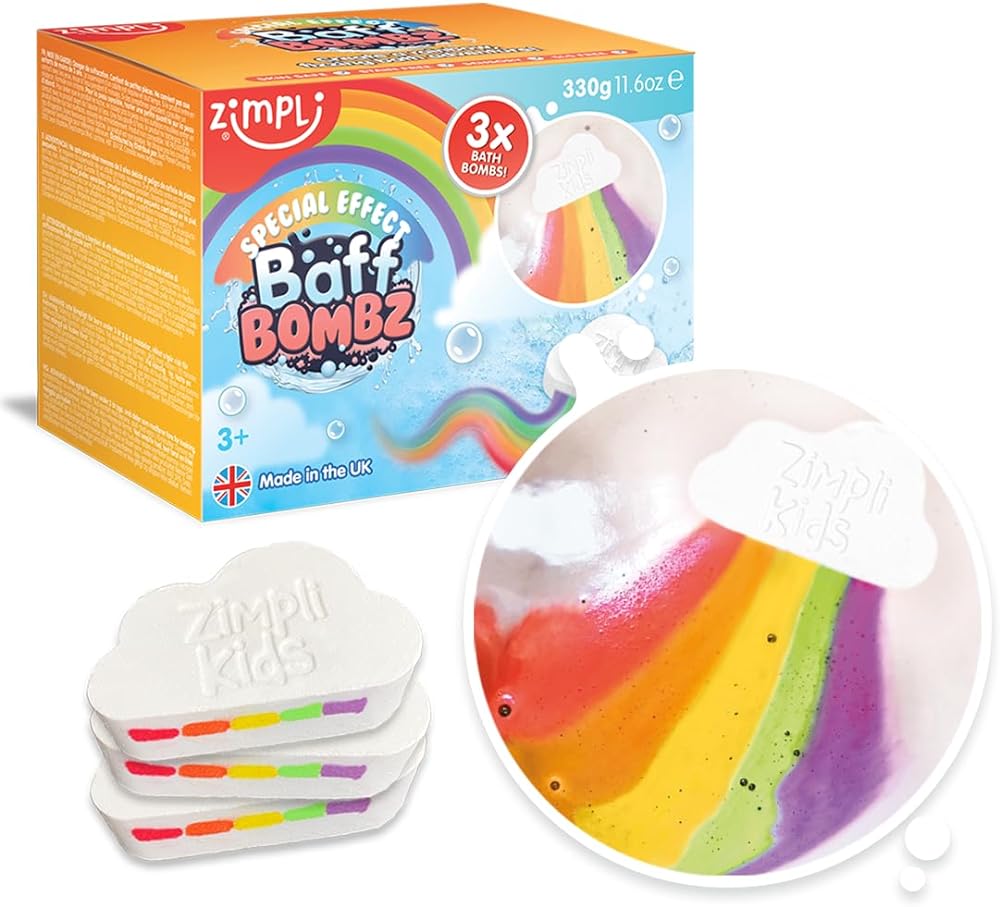 Zimpli Kids 3 x Large Cloud Rainbow Bath Bombs from, Special Effect Bath Bombs for Children, Handmade Bubble Bath Fizzies Gift Set, Organic Moisturising Vegan Friendly and Cruelty Free