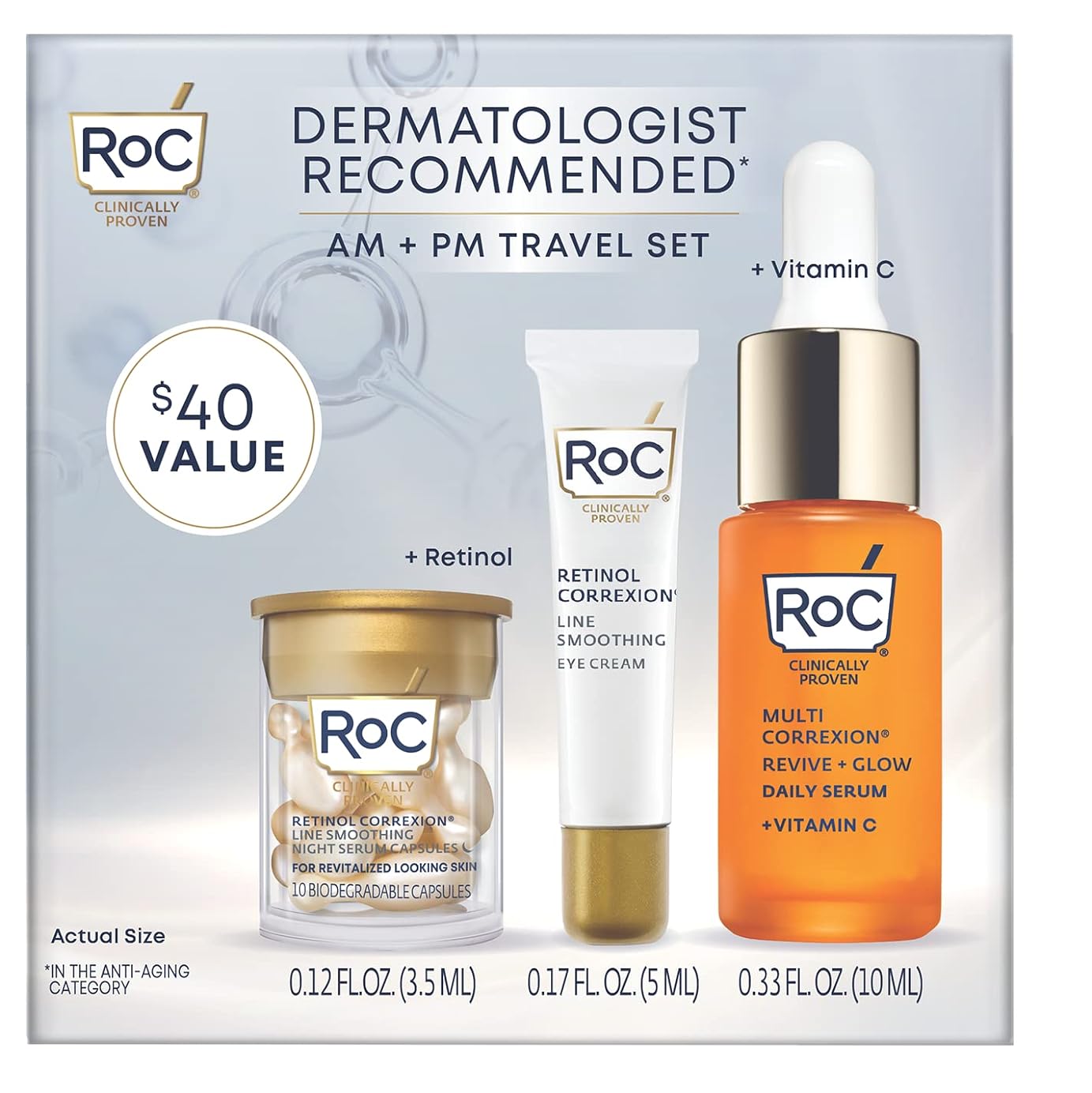 RoC AM + PM Travel Gift Set with Line Smoothing Retinol Eye Cream .25 oz, Retinol Capsules 10ct, and 10% Active Blend Vitamin C Serum